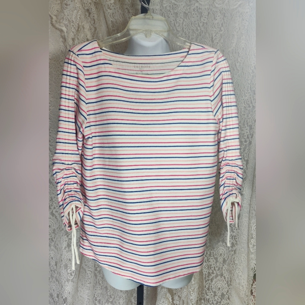 Striped Multicolor Oink Blue White  Top with Ruched Sleeves